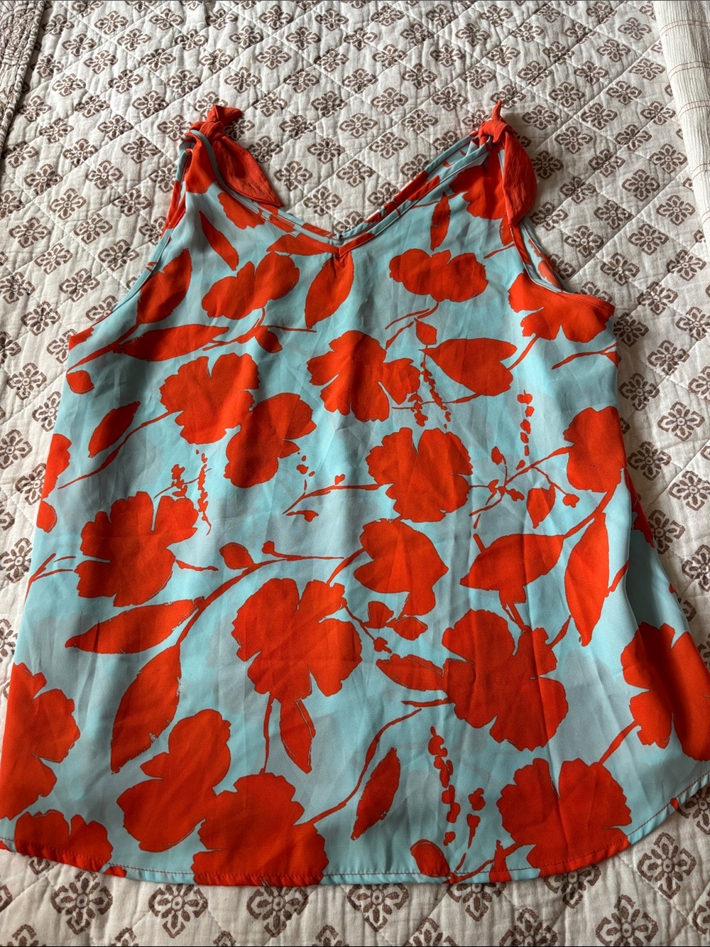 Floral Tie-Shoulder Cami Tank - Bright Orange on Aqua